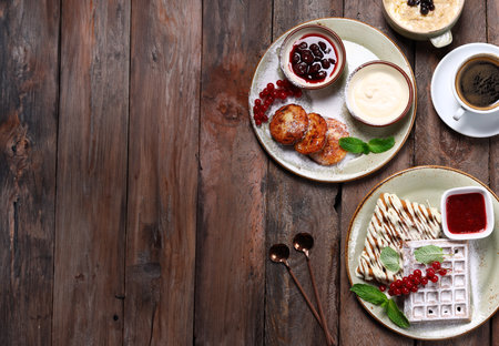 healthy eating breakfast with porridge, waffles and pancakesの写真素材