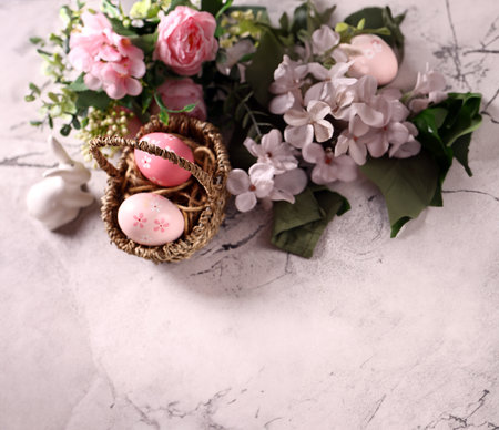 Easter composition with tulips and beautiful eggsの写真素材