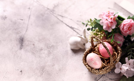 Easter composition with tulips and beautiful eggsの写真素材