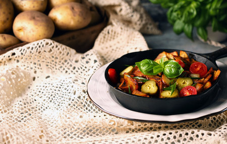 fried potatoes with mushrooms in a frying pan, rustic styleの写真素材