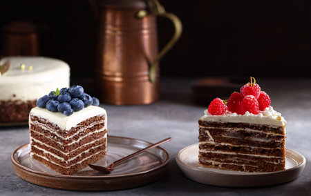 festive chocolate cake with vanilla cream and berries