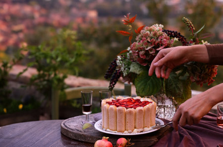 classic dessert cheesecake with fresh berriesの写真素材