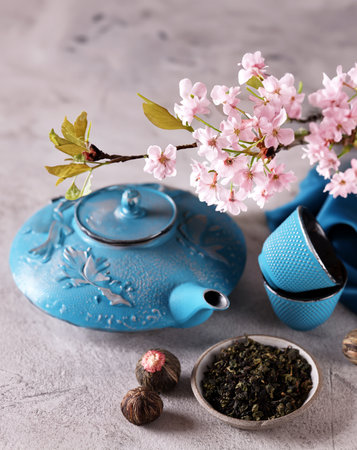 traditional tea ceremony teapot on the tableの写真素材