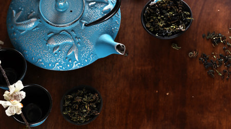 traditional tea ceremony teapot on the tableの写真素材