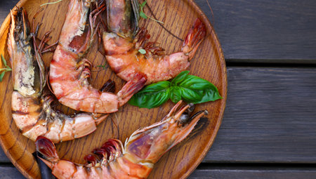 grilled large shrimp on a plateの写真素材