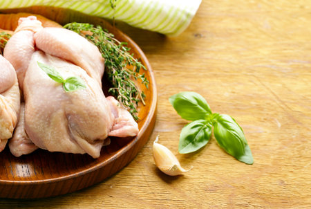raw chicken meat with herbs and spicesの写真素材