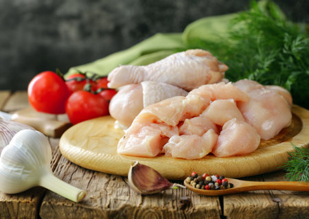 raw chicken meat with herbs and spicesの写真素材