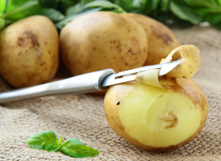 organic raw potatoes peeled on the tableの写真素材