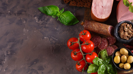 assorted sausages and deli meats for appetizersの写真素材