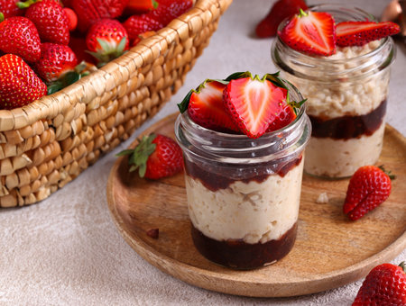 dessert in a jar with jam and fresh berriesの写真素材