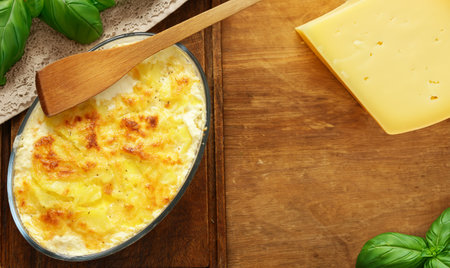 potato gratin with cheese on the tableの写真素材