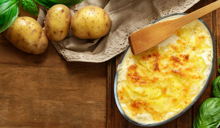 potato gratin with cheese on the tableの写真素材