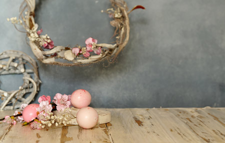 Easter composition with flowers eggs decorationの写真素材