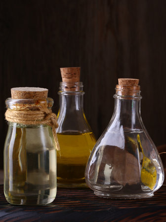 organic cedar coconut vegetable oil in glass bottleの写真素材