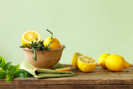 lemons and aromatic herbs on a wooden tableの写真素材