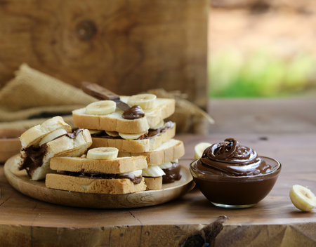 banana and chocolate spread breakfast sandwichesの写真素材