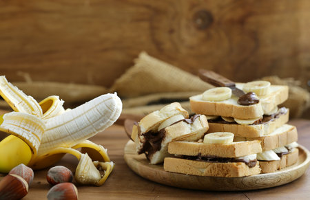banana and chocolate spread breakfast sandwichesの写真素材