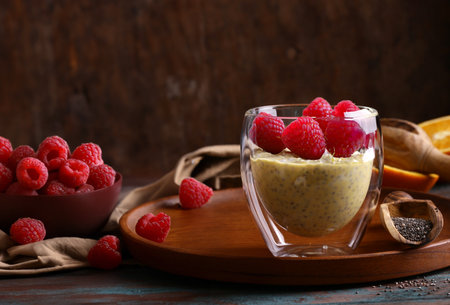 fresh natural organic chia pudding on wooden tableの写真素材