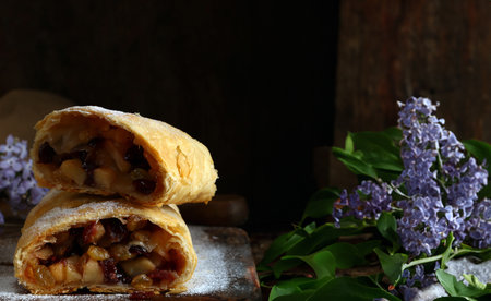 apple strudel made from puff pastry with raisins