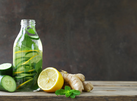 detox drink with lemon and cucumber sassiの写真素材