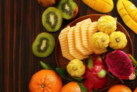 mix tropical fruits, pineapple, banana, dragon fruitの写真素材