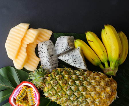 mix tropical fruits, pineapple, banana, dragon fruit