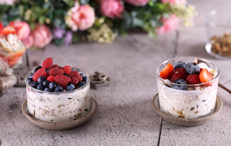 pudding with fresh berries healthy eating breakfastの写真素材
