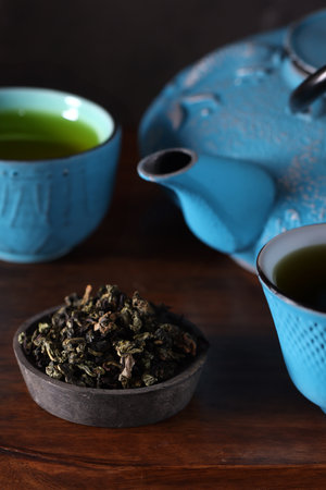 tea ceremony green tea with sakura branchesの写真素材