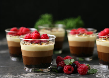 jelly dessert in a glass with fresh berriesの写真素材
