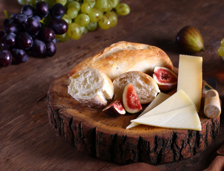 cheese board with baguette and grapesの写真素材
