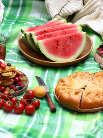 picnic in nature on a checkered blanket with fruitの写真素材