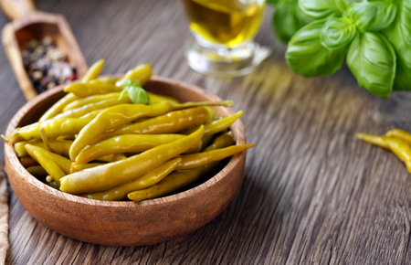 spicy pickled green jalapeno peppersの写真素材