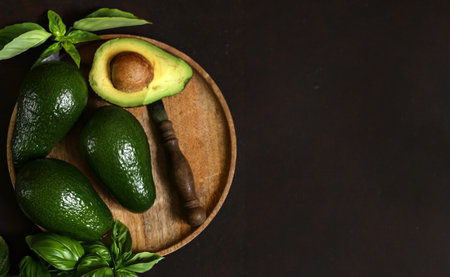 natural organic avocado with fresh basilの写真素材