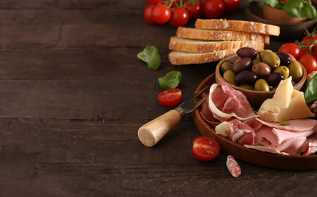 antipasti tapas with cheese and ham on wooden tableの写真素材