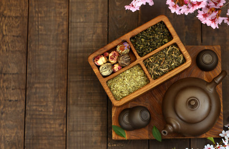 tea ceremony green tea with sakura branchesの写真素材