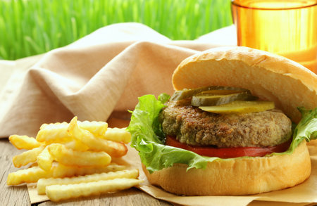 Independence day picnic hot dogs and hamburgersの写真素材