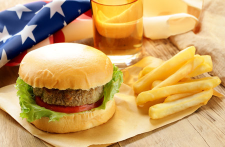 Independence day picnic hot dogs and hamburgersの写真素材