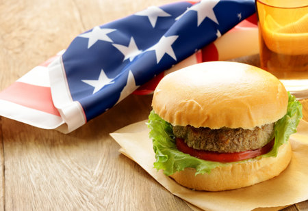 Independence day picnic hot dogs and hamburgersの写真素材