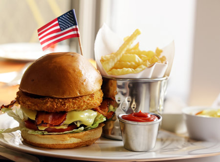 hamburger and fries for independence dayの写真素材