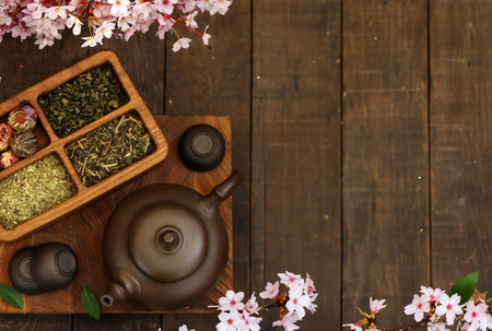tea ceremony green tea with sakura branchesの写真素材