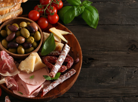 antipasti tapas with cheese and ham on wooden tableの写真素材