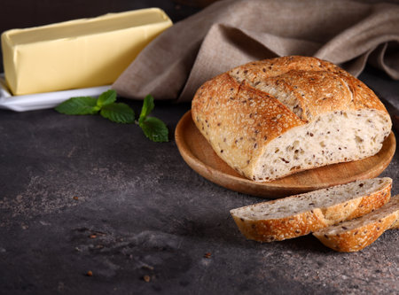 homemade whole grain bread with flax seedsの写真素材