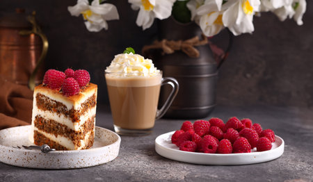 piece of cake on a plate with fresh berries for dessertの写真素材