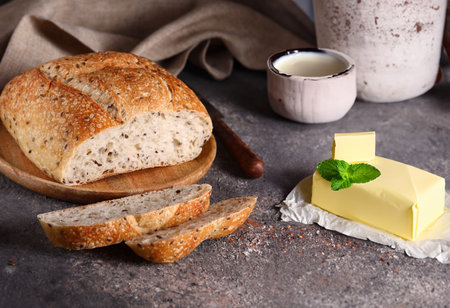 homemade whole grain bread with flax seedsの写真素材