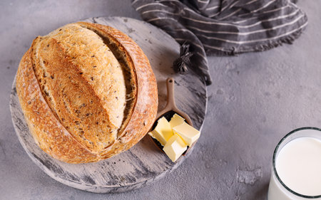 homemade whole grain bread with flax seedsの写真素材