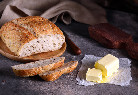 homemade whole grain bread with flax seedsの写真素材