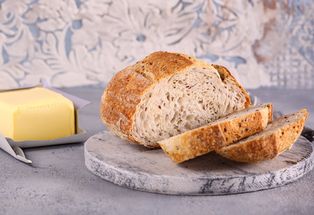 homemade whole grain bread with flax seedsの写真素材