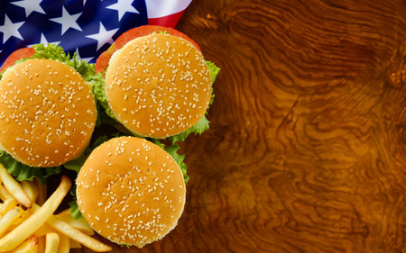 Independence day picnic hot dogs and hamburgersの写真素材