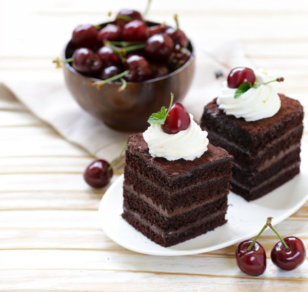 chocolate cake with whipped cream and berriesの写真素材