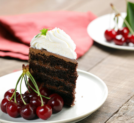 chocolate cake with whipped cream and berriesの写真素材